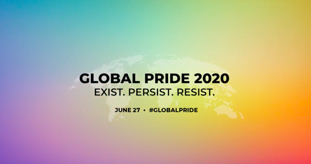 Image of a banner with the theme of Global Pride 2020 "Exist. Persist. resist"