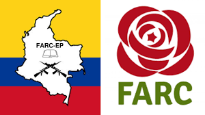 Image showing two flags of  the the FARC-EP when they were a guerrilla group and then when they became a political party following the peace agreement