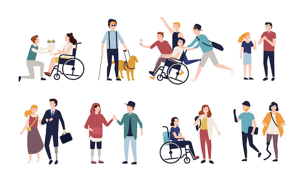 Digital drawing of people with disabilities doing different activities. 