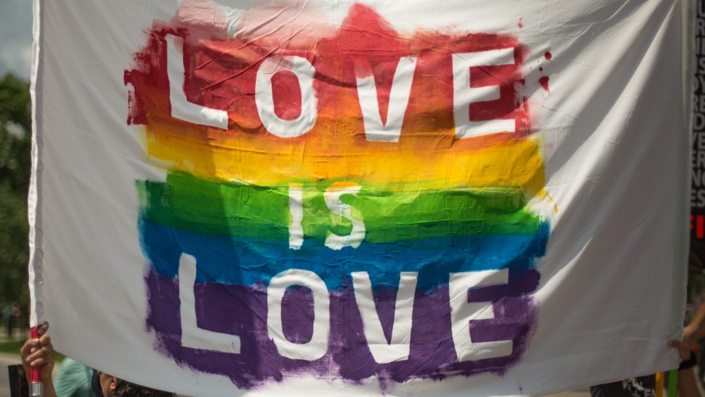 An image of a  flag with the LGBTQ+ colors with "love is love" written.