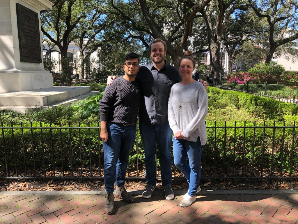 Akash Shah, CTO of IVolunteer International (left) with Jason Weimer (middle) and Lindy Krakowiak Weimer (right) from East Taylor Creative. 