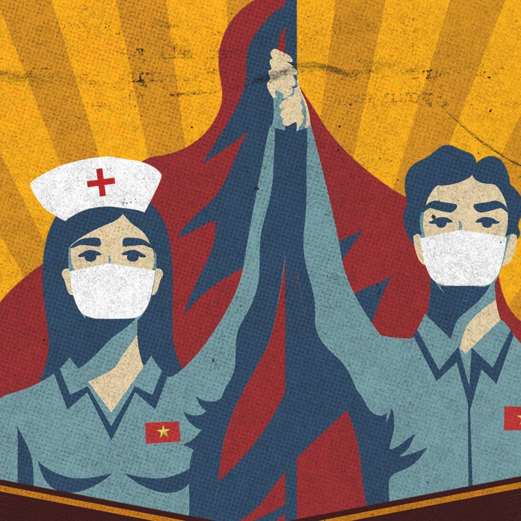 A propaganda poster. A nurse and a man holding each other's hands in triumphant - symbolising civil society's fight against COVID-19 virus. 