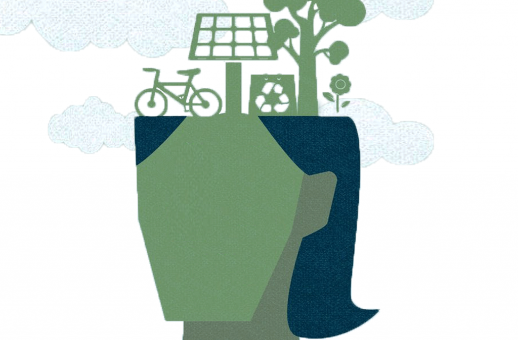 A digital drawing of a bicycle, solar energy panel, recycle bin, and tree placed on top of a woman's head. 