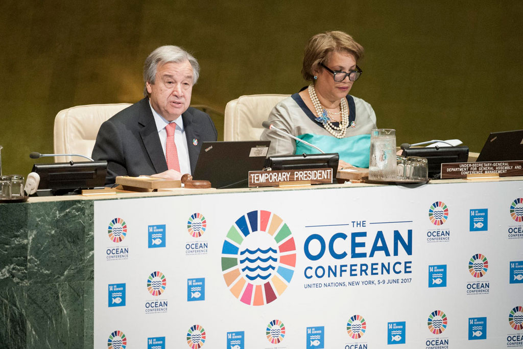 An image of the United Nations Conference to Support the Implementation of Sustainable Development Goal 14: Conserve and sustainably use the oceans, seas and marine resources for sustainable development, First Plenary Meeting