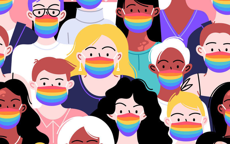 Crowd of different people of different identities ethnicities and sexes wearing rainbow face masks.