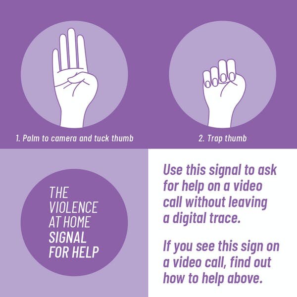 Signals for help includes palm to camera, tucking thum, and traping thumb