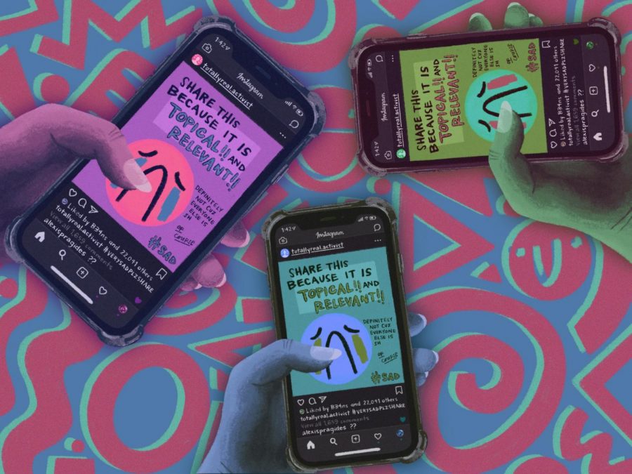 Satirical graphic depicting three phones displaying an instagram post that reads "Share this because it is topical and relevant, definitely not coz everyone else is"