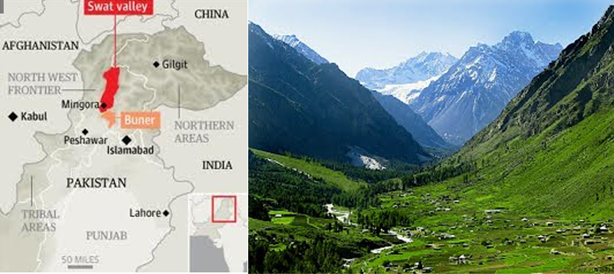 This image shows the location of Swat valley on the map and gives a glimpse of its beauty before the Taliban took control. 