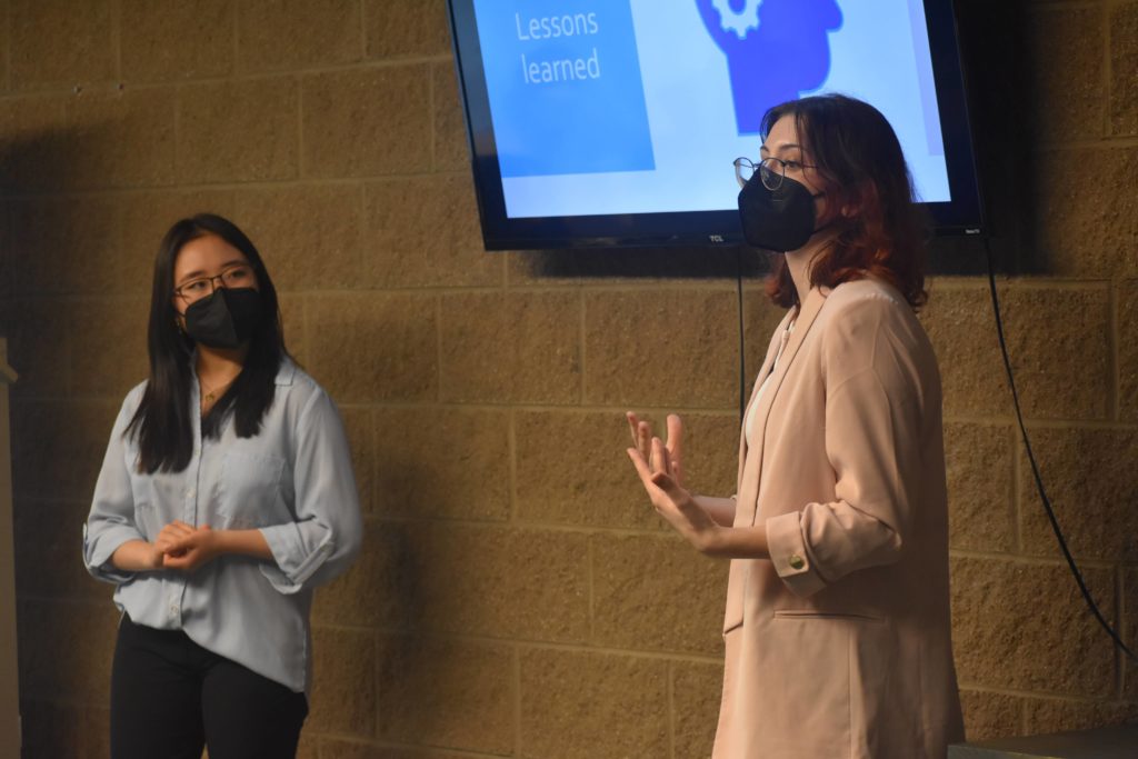 Photo of Nela and Suann speaking at the Brandon Hall School Global Youth Leadership 2021 Cohort