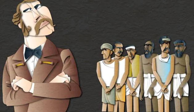 Illustration of a white man juxtaposed with brown natives of India