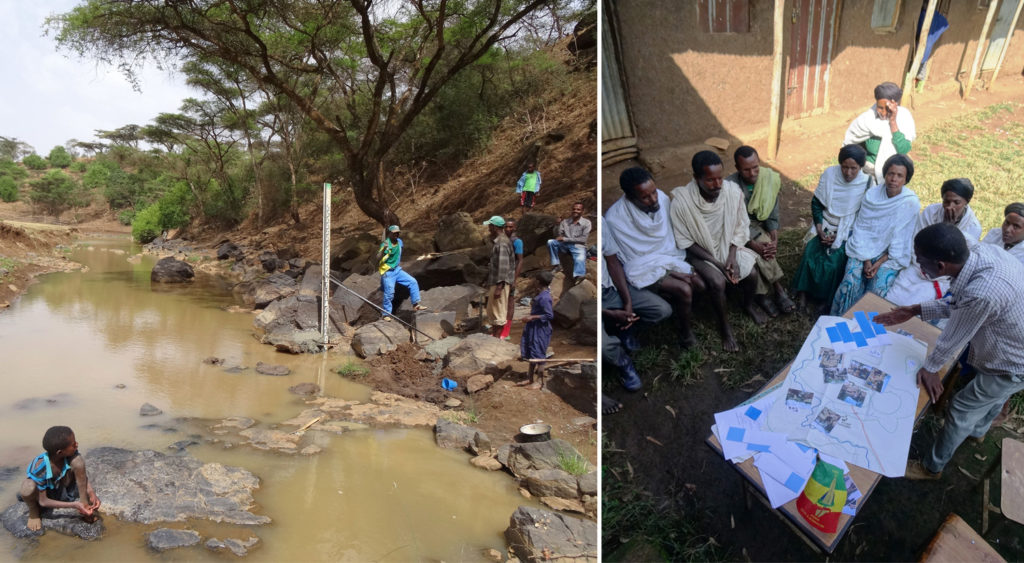 Photos of local community members in Ethiopia participating in projects contributing to environmental management and water security.
