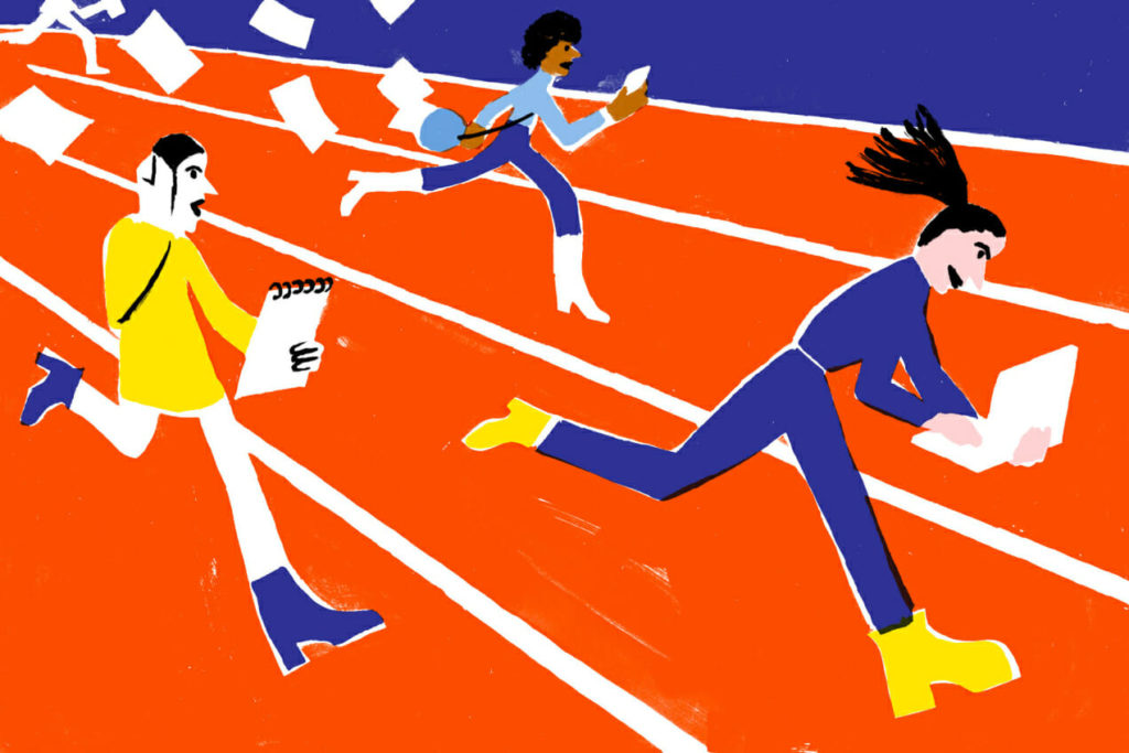 People racing while holding electronic devices and books