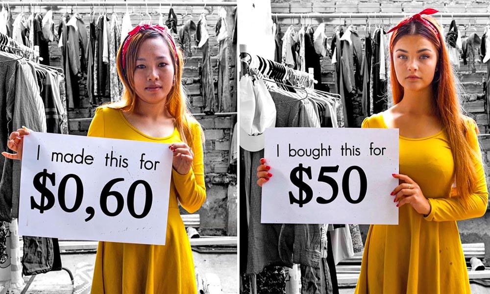 This image shows two women each holding a placard. One of them reads "I made this for $0.60." On the other hand, the other one reads "I bought this for $50." This image is trying to portray the ugly differences between lower class women who manufacture clothes at a low wage and upper class women who purchase the same cloth at almost 80 times the worker's wage.