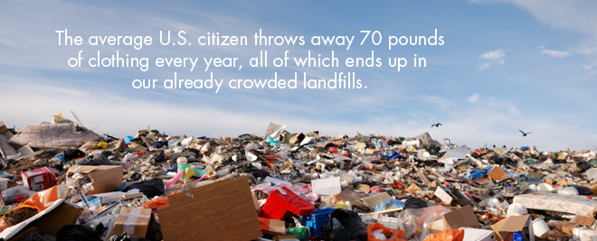 Image of the environmental impact of textile production, showing a picture of a landfill of garbage, with the words: the average us citizen throws away 70 pounds of clothing every year, all of which ends up in our already crowded landfills