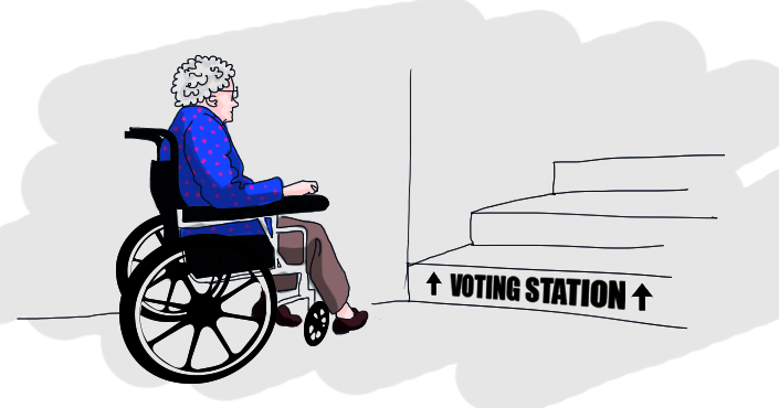 Disabled elder facing stairs leading to the voting station