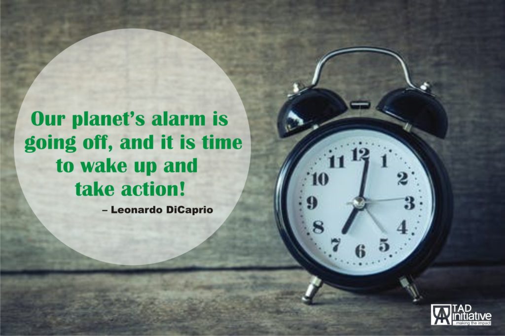 A graphical image with an alarm and a write-up on the need to take climate action now.