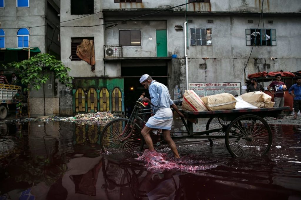 Man walking through colored water of dyeing factory in Bangledesh
