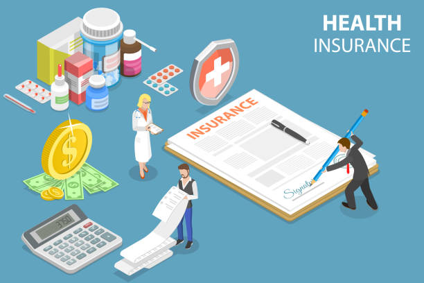 Cartoon images of medicines, signing of insurance documents, money, bill, calculator to visualise the idea of health insurance. 